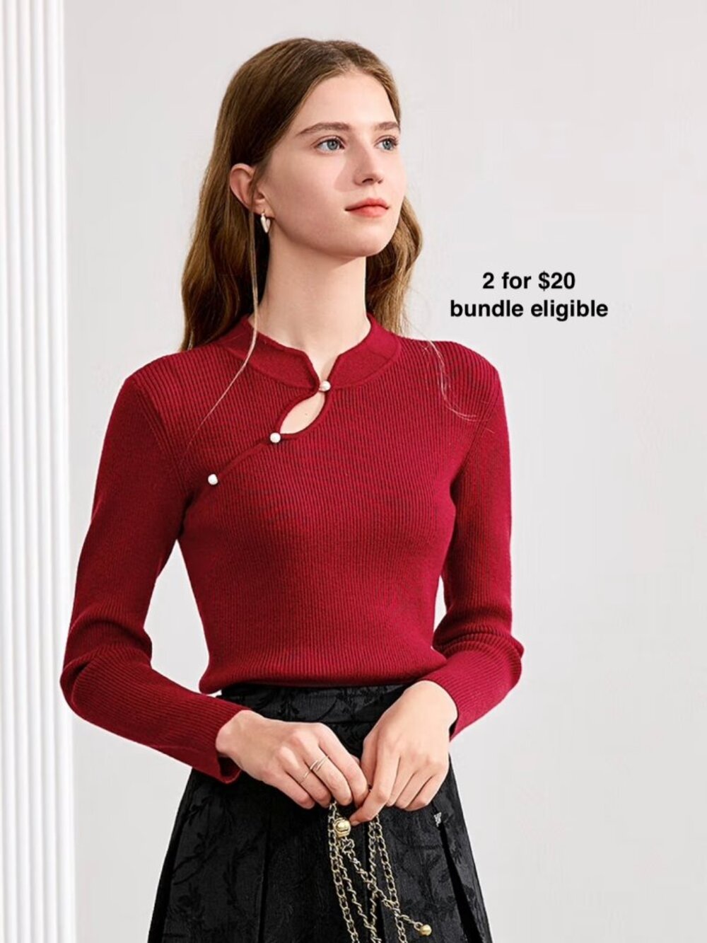 BETU Pearl Button Asymmetric Qipao Style Ribbed Knit Red Sweater